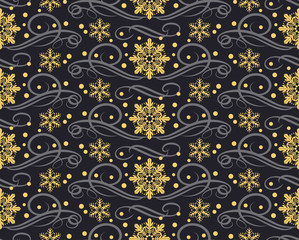 New year's wrapping paper in flat style on black background. Golden snowflakes seamless pattern. Christmas background vector illustration. Winter seamless pattern. Vector image
