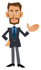 スーツを着用し髭を蓄えた褐色の男性が案内する
