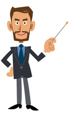 スーツを着用し髭を蓄えた褐色の男性が指し棒を使って説明する
