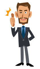 スーツを着用し髭を蓄えた褐色の男性がサムズアップする
