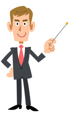 スーツを着用した茶髪のビジネスマンが指示棒で解説する
