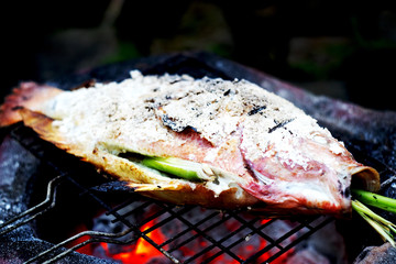 grilled fish with salt on fire