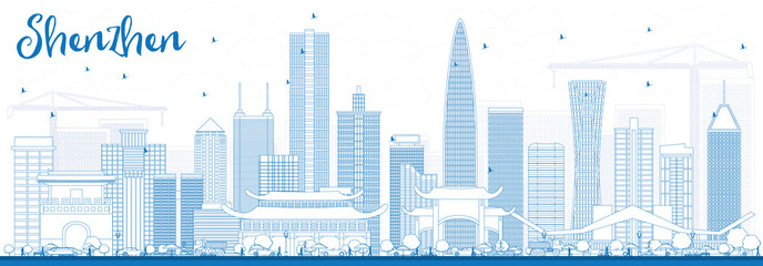 Fototapeta premium Outline Shenzhen Skyline with Blue Buildings.