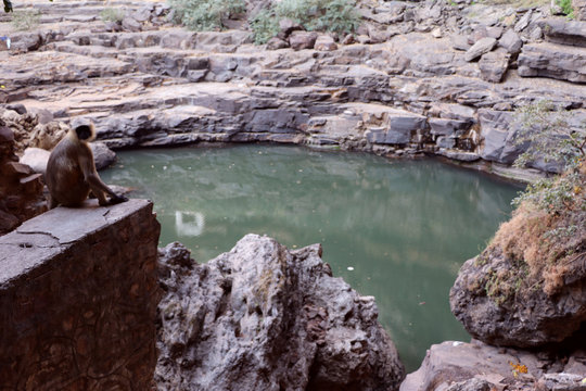 Gapernath cave temple and tourist-cum-religious spot in Kota, India. An adventurous staircase leading down to the place is known for an ancient cave temple of Shiva and a waterfall.