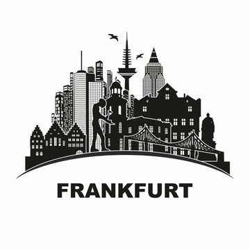 Frankfurt Wandtatoo Umriss Sehensw&uuml;rdigkeiten Skyline Denkm&auml;ler Schattenriss Scherenschnitt Abbildung Reisef&uuml;hrer Stadtansicht