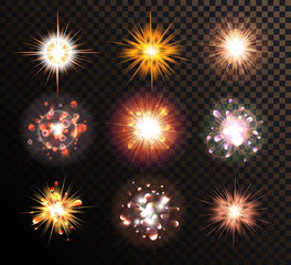 Glowing stars, lights, sparkles bursts, lens flare. Isolated on black transparent background. Elements for design. Gold, orange, yellow. Vector illustration, eps 10.