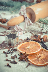 Vintage photo, Dough for Christmas cookies, spice and ingredient for baking gingerbread