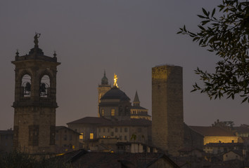Bergamo - Old city (Città Alta). One of the beautiful city in Italy. Lombardia. Evening landscape. The clock tower called Il Campanone (the big bell).
