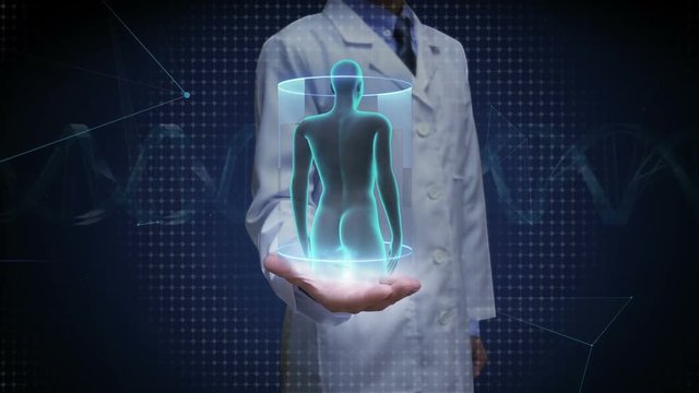 Doctor open palm, Female Human body scanning lymphatic system. Blue X-ray light.