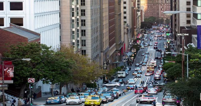 Hills of San Francisco. Footage from atop of famous California Street looking towards Downtown and the Financial District. 