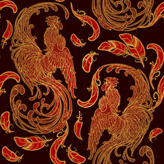 New year rooster as a symbol of the 2017 year. Seamless pattern. Intricate linear drawing of the crowing Rooster on contrast background. EPS10 vector illustration.