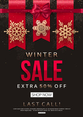 Winter Sale Banner with gold shiny snowflakes. Vector illustration eps 10 format.