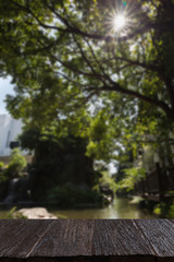 sunray and pond in garden with wood table for display your  prod