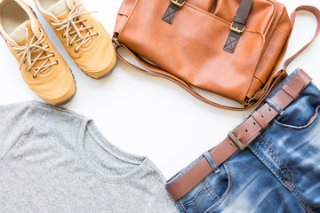 Men's casual outfits with man clothing, travel preparations and accessories on white background