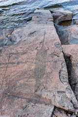 Ancient petroglyphs (rock engravings of 4th-2nd millennia BC) that depict muskrat and swan carved on granite Onega Lake shore. Besov Nos cape, Karelia Republic, Russia.
