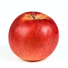 One red ripe apple close up on a white background.