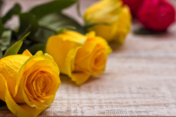 Beautiful yellow roses on a wooden background. Bright colors. Greeting Card for Women's Day.