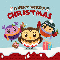 Vintage Christmas poster design with owls characters.