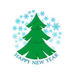 Happy New Year sticker with the image of a Christmas tree and snowflakes.