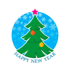 Happy New Year sticker with the image of a Christmas tree and snowflakes.