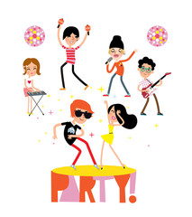 Party. Cartoon style clubbing people dancing, singing and playing music instruments. Vector illustration.