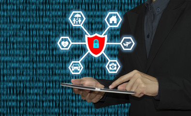 business employees (insurance agent) protecting customer care concept family life health insurance.