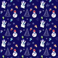 Christmas background. Snowmen and Christmas tree.  Illustration for a  wrapping paper,  wallpaper.  Elements for winter holiday card.  Seamless vector pattern.