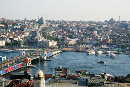  cityscape  of Istanbul with its mosques , the golden horn  and bosforo channel 
