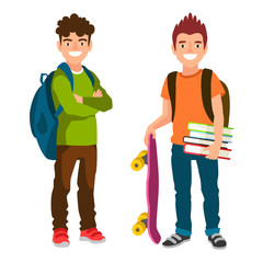 Two student with backpacks, books and skateboard