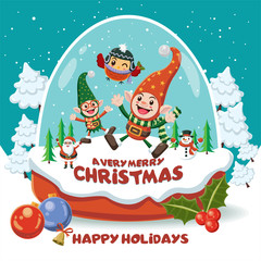 Vintage Christmas poster design with elf, snowman, owl, Santa Claus in crystal ball characters.