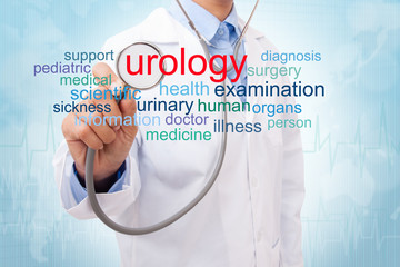 Doctor with urology word cloud. medical concept