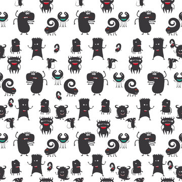 Cartoon moster silhouette seamless pattern on white. Vector illustration