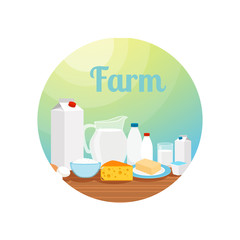 Farm with milk food circle icon or sticker design. Vector illustration