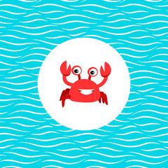 Sea card with crab in circle frame and waves background. Vector illustration