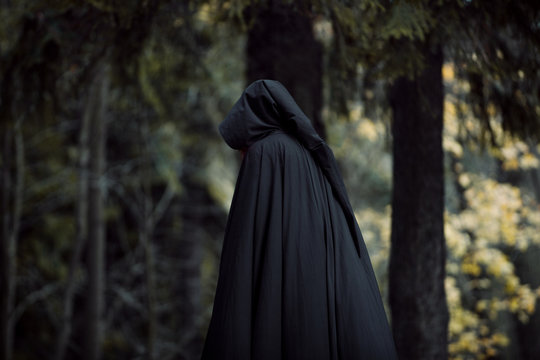 Young beautiful and mysterious woman in woods, in black cloak with hood, image of forest elf or witch