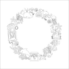 Sealife coloring page design circle frame on the white background. Vector illustration