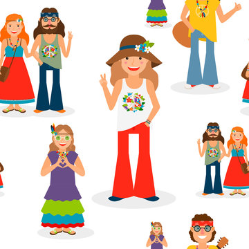 Vector illustration with happy hippie people seamless pattern