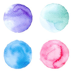 Set of colorful watercolor hand painted circle isolated on white. Illustration for artistic design. Round stains, blobs blue, red, green, brown