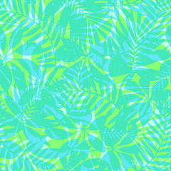 Fototapeta na wymiar Green and blue striped tropical leaves seamless pattern