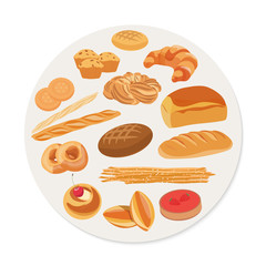 Circle shape with various pastries and bakery products in flat style.