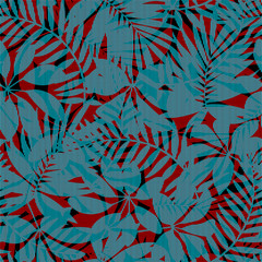 Red and blue striped tropical leaves seamless pattern