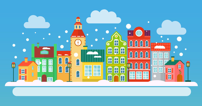 Winter urban landscape in flat style. Vector illustration. Small Town concept.