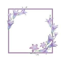 Square frame with flowers bells 3. Watercolor figure. Hand-drawing.  Decorative element for greeting card, invitation card. 