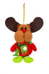 Christmas decoration for Christmas tree, felt Christmas moose with scarf on white background