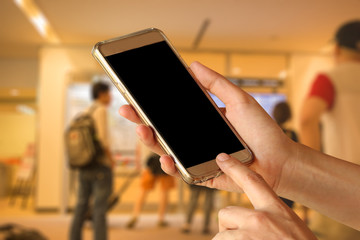 woman hand hold and touch screen smart phone, tablet,cell phone