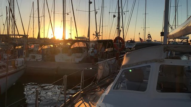Silhouettes of Sailboats Docked in Port in Dusk