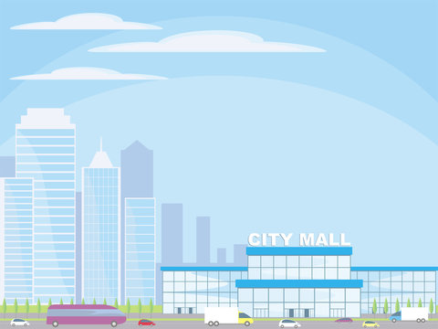 Abstract image of a modern city. Cityscape with tall buildings, skyscrapers and shopping center. Vector background for design presentations, web sites and banners.