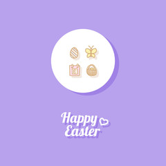 Happy Easter. Greeting card or banner template with hand drawn egg icon, butterfly, calender page and Easter busket with painted eggs. Purple background