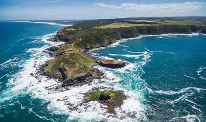 Aerial panorama of Cape Schanck coastline, lighthouse, and Pulpit Rock. Mornington Peninsula, Victoria, Australia - obrazy, fototapety, plakaty
