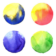 Set of colorful watercolor hand painted circle isolated on white. Illustration for artistic design. Round stains, blobs blue, red, green, brown